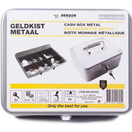 Geldkassette 200x160x90mm Silber, herausnehmbarer Einsatz, Zylinderschloss
