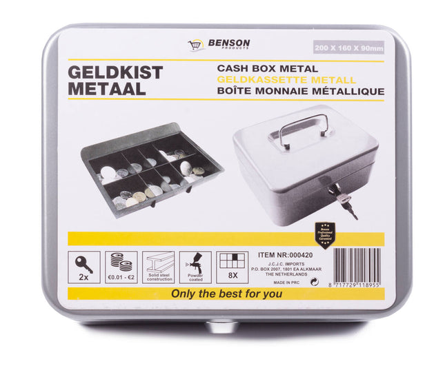 Geldkist 200x160x90mm Zilver, Uitneembare Lade, Cylinderslot