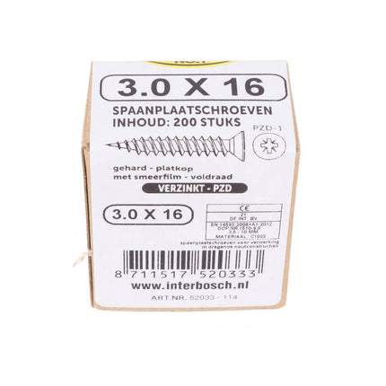 PZD-1 Spaanplaatschroef 3.0x16mm voor houtconstructies