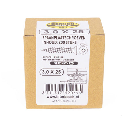 Spaanplaatschroef 3.0x25mm, PZD-1, voor spaanplaat en houtverbindingen