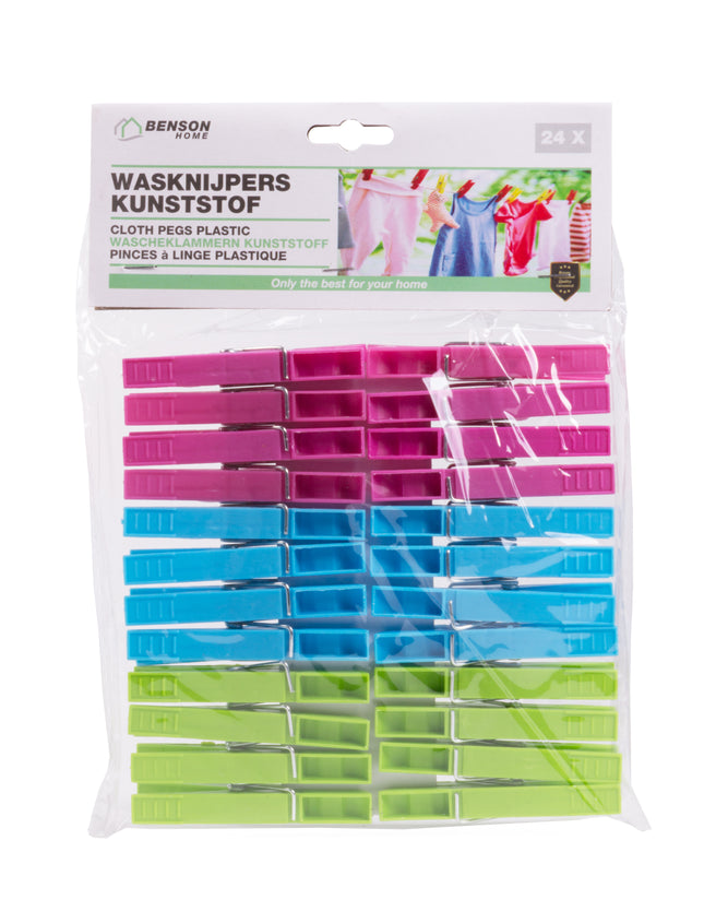 Wasknijpers kunststof 24 dlg – Kleurenmix grijs, limegroen en roze, Lichtgewicht