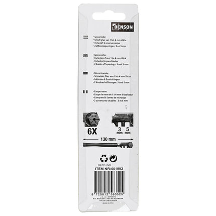Glassnijder met 6 Reservemesjes, 3/5mm Afbreekopeningen, Glastoepassing