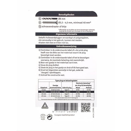 Hollewandplug ø3.5/4.0 mm x 40 mm, 6 stuks, voor gipsplaten bevestiging.