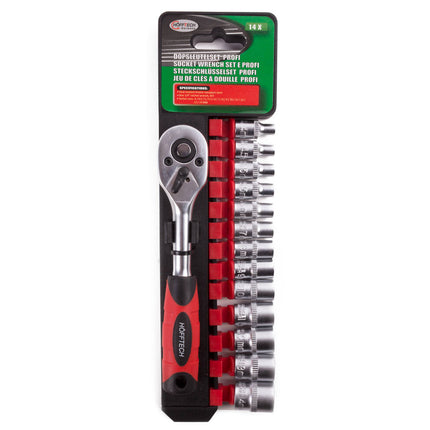 Dopsleutelset 14 dlg Cr-V, maten 4-14 mm, ideaal voor auto- en fietsreparaties.