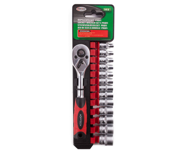 Dopsleutelset 14 dlg Cr-V, maten 4-14 mm, ideaal voor auto- en fietsreparaties.