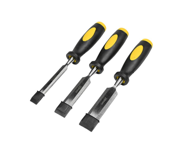Houtbeitelset 3 dlg Pro Grip: 3 maten, gehard staal, precisiewerk
