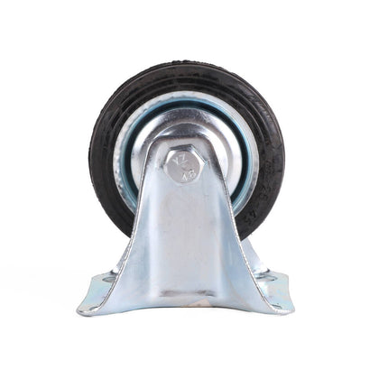 Bokwiel 75mm: Stalen velg, rubberband, 50kg draagkracht, montageplaat.