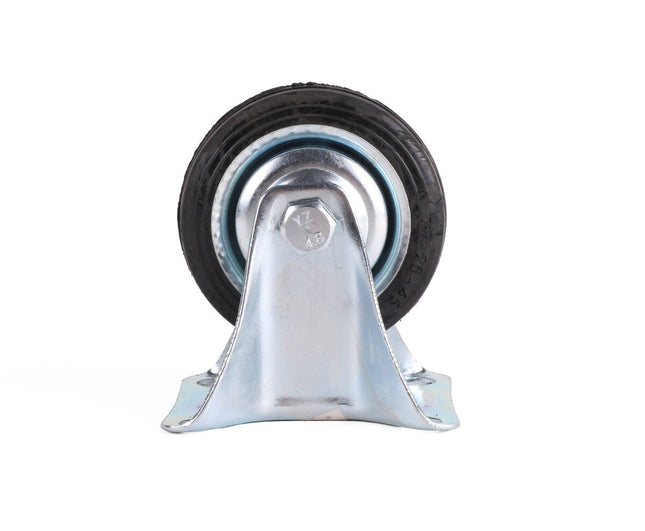Bokwiel 75mm: Stalen velg, rubberband, 50kg draagkracht, montageplaat.
