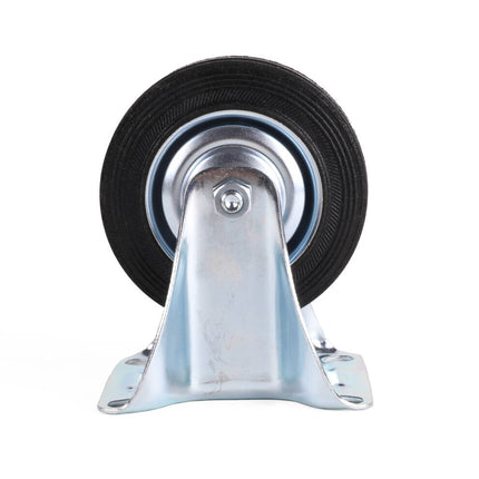 Bokwiel 100 mm: Stalen velg, rubberband, 70 kg draagvermogen.
