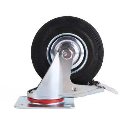 Zwenkwiel 125 mm met Rem, Massief Rubber, 100 kg, 4-Gats Bevestiging