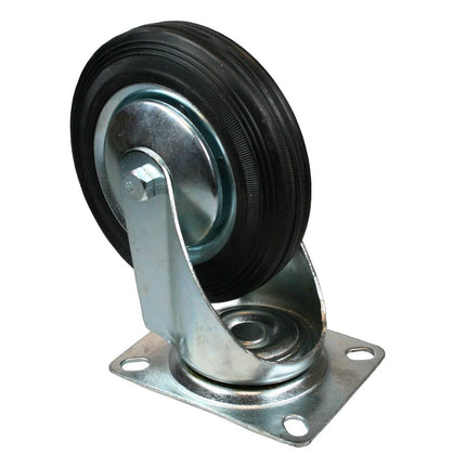 Zwenkwiel 160 mm, 140 kg draagkracht, rubber, montageplaat, karren.