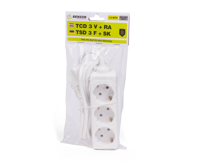 Stekkerdoos 3-voudig RA 1.5m, 16A/250V, 3680W, voor thuis/kantoor.