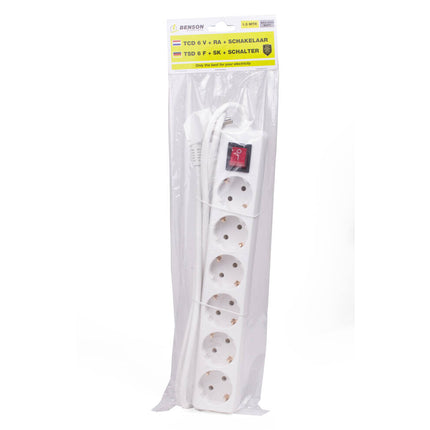 Stekkerdoos 6-voudig, Schakelaar, 1.5m, 2500W, 10A, Voor Thuis/Kantoor