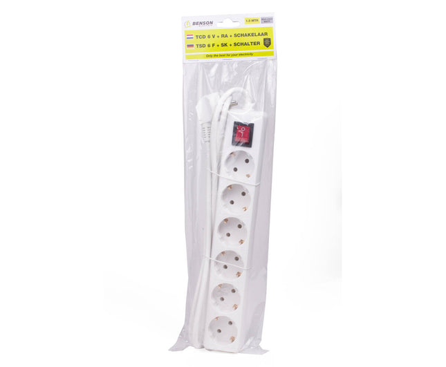 Stekkerdoos 6-voudig, Schakelaar, 1.5m, 2500W, 10A, Voor Thuis/Kantoor