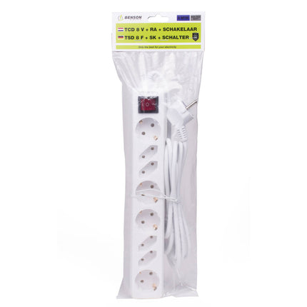 Steckdosenleiste 8-fach mit Schutzkontakt, Schalter, 3m Kabel, 3680W, 250V