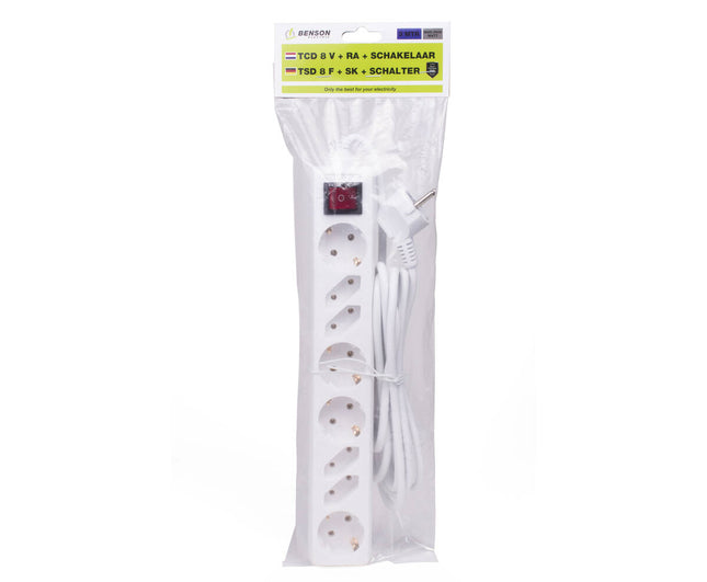 Stekkerdoos 8-voudig met RA, schakelaar, 3m kabel, 3680W, 250V