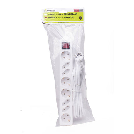 8-fach Steckdosenleiste mit Schutzkontakt, Schalter, 5m Kabel, 2500W max. Belastung.