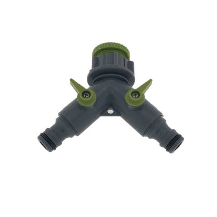 Wasserverteiler 2-Wege, Schnellanschluss, passend für 1/2"-3/4"-Hähne.