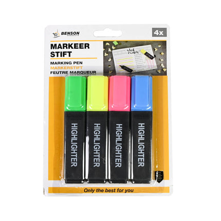 Markeerstift Set: 4 Kleuren, Schuine Punt, Perfect voor School & Kantoor