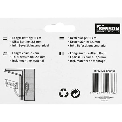 Deurketting Schuif 16cm, 2,5mm Dikte, Inclusief Bevestigingsmateriaal