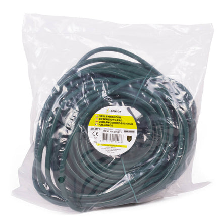 Verlängerungskabel 20 m grün, 2500 W, 10 A, ideal für Gartengeräte.