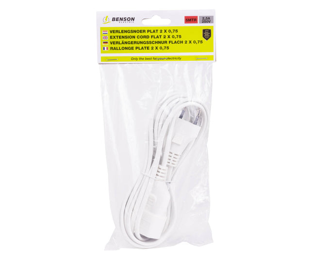 Plat Verlengsnoer 5m 2x0.75mm² - Voor Platte Stekkers, 625W Max.
