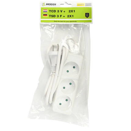 Stekkerdoos 3-voudig, 1.5m kabel, ideaal voor lampen en pc's.