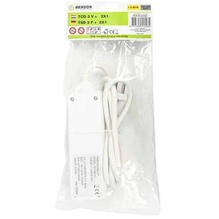 Stekkerdoos 3-voudig, 1.5m kabel, ideaal voor lampen en pc's.