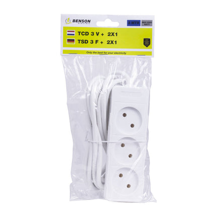 Stekkerdoos 3-voudig, 3m kabel, 2x1.0mm², ideaal voor kantoor.