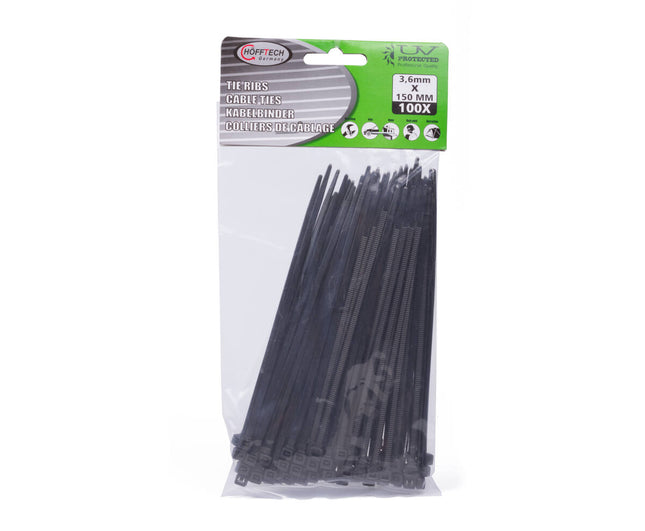 Zwarte Tie Ribs 3.6x150mm, Set van 100, Voor Kabelmanagement
