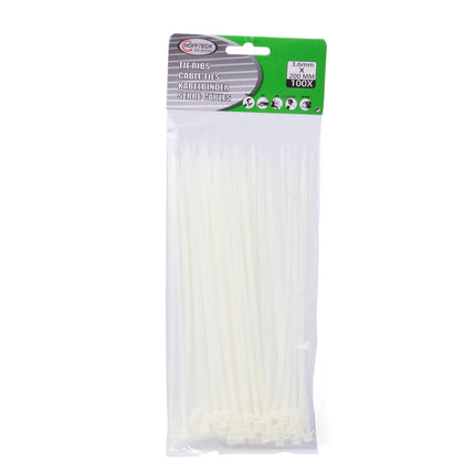 Witte Kabelbinders 3.6x200mm, 100 Stuks, Ideaal voor Kabelbeheer