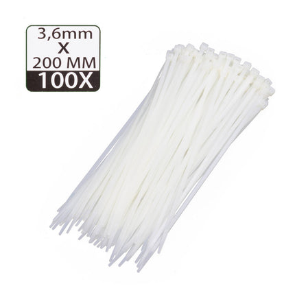 Witte Kabelbinders 3.6x200mm, 100 Stuks, Ideaal voor Kabelbeheer