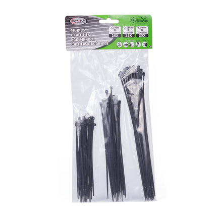 75-delige Zwarte Tie Ribs Set, 3 Maten, Ideaal voor Kabelbeheer