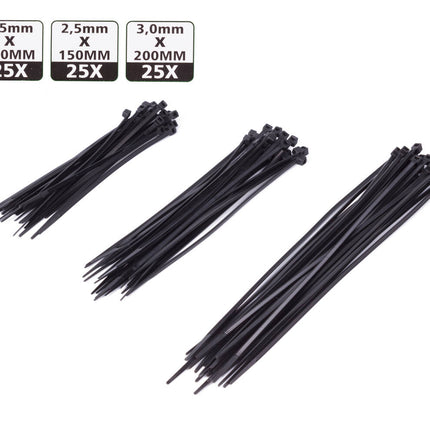 75-delige Zwarte Tie Ribs Set, 3 Maten, Ideaal voor Kabelbeheer