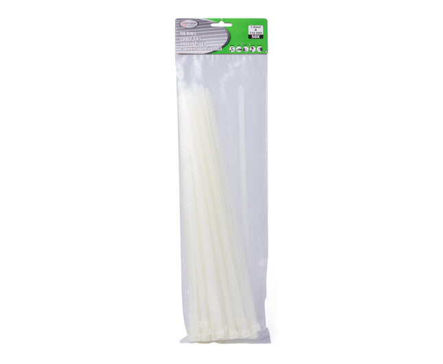 Witte Tie Ribs 7.8x370mm, 50 stuks, ideaal voor kabelorganisatie.