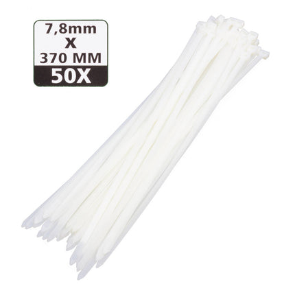 Witte Tie Ribs 7.8x370mm, 50 stuks, ideaal voor kabelorganisatie.