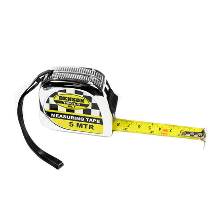 Rolbandmaat Chroom 5m x 19mm, ideaal voor bouw en renovatie.