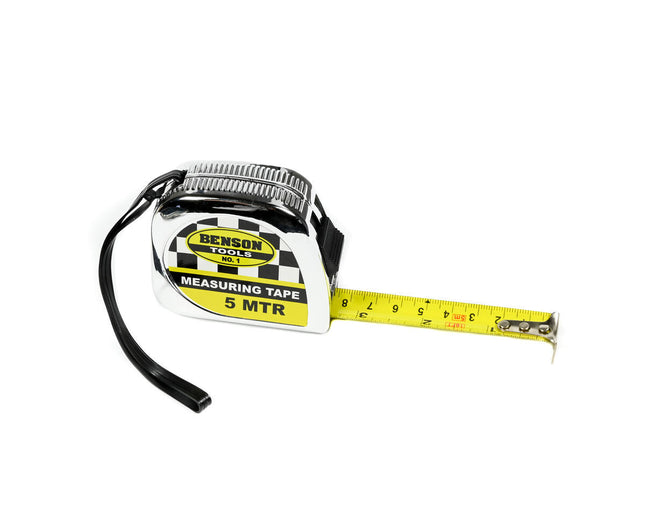 Rolbandmaat Chroom 5m x 19mm, ideaal voor bouw en renovatie.