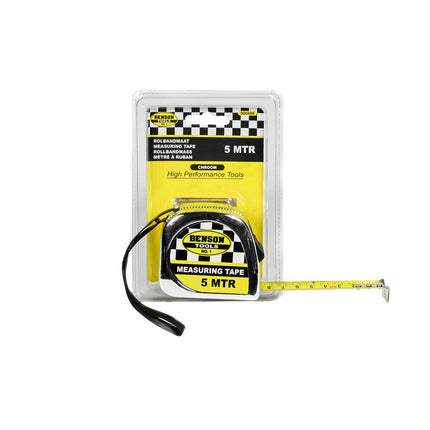 Rolbandmaat Chroom 5m x 19mm, ideaal voor bouw en renovatie.