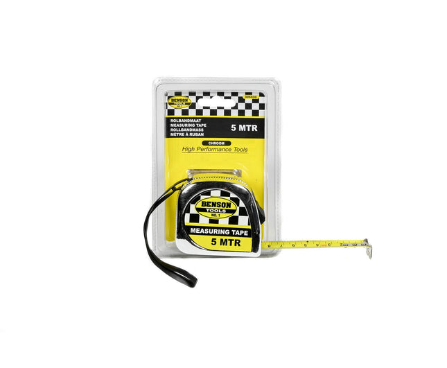 Rolbandmaat Chroom 5m x 19mm, ideaal voor bouw en renovatie.