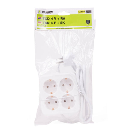 Stekkerdoos 4-voudig RA, 1.5m kabel, 3680W, vierkant design