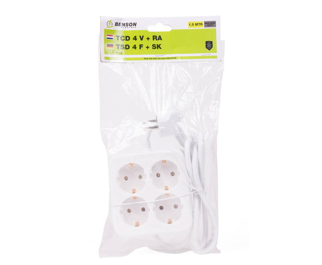Stekkerdoos 4-voudig RA, 1.5m kabel, 3680W, vierkant design