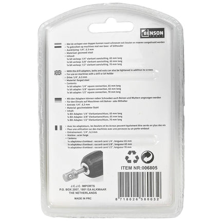 Bit Verloopadapter 1/4-3/8-1/2", 70 mm, voor auto en meubels.