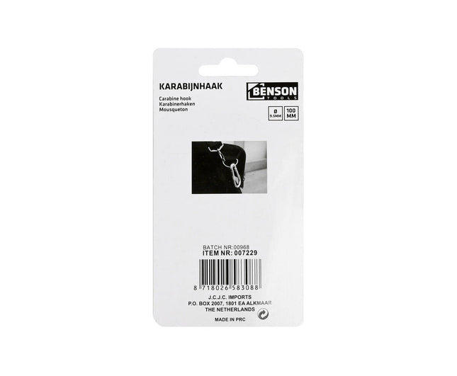 Karabijnhaak 9.5mm, 100mm lang, ideaal voor ophangen en bevestigen.