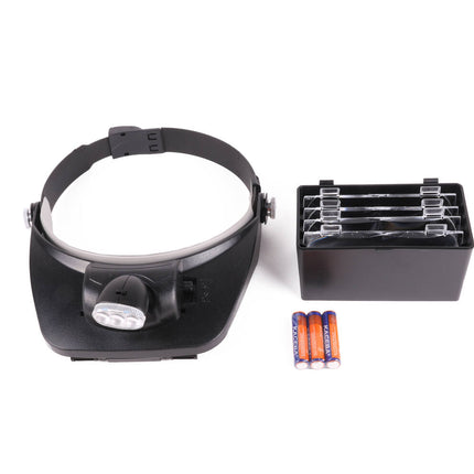Hoofdloupe met 3 LED's, 4 lenzen (1.2x-3.5x), verstelbare band.