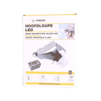 Hoofdloupe met 3 LED's, 4 lenzen (1.2x-3.5x), verstelbare band.