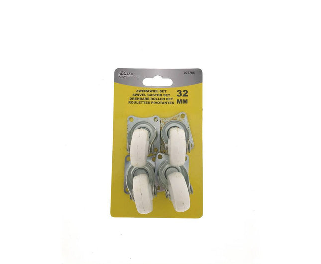 Zwenkwiel Set 32 mm Wit, 4 Stuks, 12 kg Draagkracht, Meubelwielen