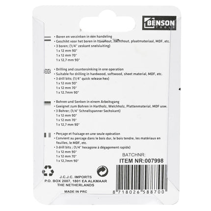 Verzinkboorset 3 dlg: 12 mm 90° & 70°, 12,7 mm 90° voor houtbewerking