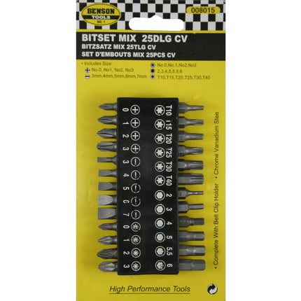 Bitset 25 dlg Cr-V: 25 mm bitjes voor veelzijdig schroefwerk