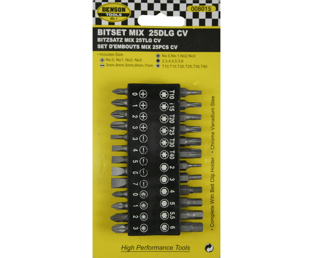 Bitset 25 dlg Cr-V: 25 mm bitjes voor veelzijdig schroefwerk